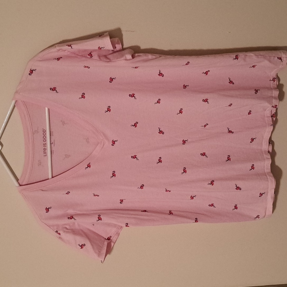 Life Is Good Light Pink V-Neck Tee with Pink Flamingo Pattern.  Size Large. - Picture 3 of 6